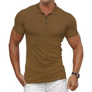 New Mens Waffle Knit Polo Shirts Short Sleeve Brown